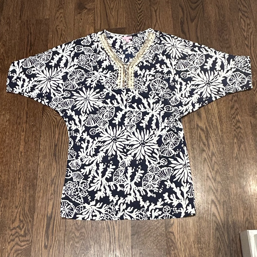 Lilly Pulitzer Navy & White Beaded Wilda Caftan Tunic Dress - Picture 3 of 12